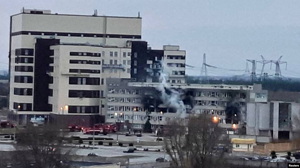 A damaged administrative building of the Zaporizhzhia nuclear power plant in Enerhodar, Ukraine, is seen in this handout photo released March 4, 2022.