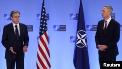NATO Secretary General Jens Stoltenberg and US Secretary of State Antony Blinken speak during a news conference before a NATO foreign ministers meeting at the Alliance's headquarters in Brussels, March 4, 2022.