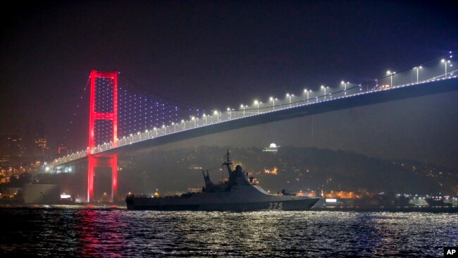 FILE - The Russian Navy's Bykov class corvette 'Dmitry Rogachev' sails through the Bosphorus en route to join the Russian Fleet in the Black Sea, in Istanbul, Feb. 16, 2022.