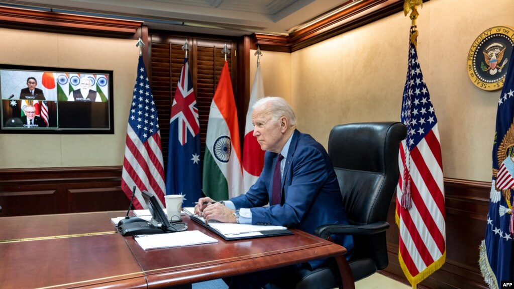 美国总统拜登与澳大利亚、印度和日本领导人举行四国首脑会谈，讨论乌克兰战争局势及印太地区安全问题。（2022年3月3日）(photo:VOA)