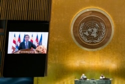 FILE - Cambodia's Prime Minister Hun Sen addresses the 76th session of the United Nations General Assembly at U.N. headquarters in New York, Sept. 25, 2021.