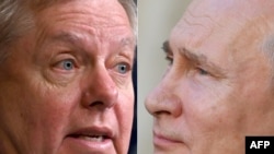  Seneta Lindsey Graham (kushoto) na Rais wa Russia Vladimir Putin (Photo by Andrew CABALLERO-REYNOLDS and Andreas SOLARO / AFP)