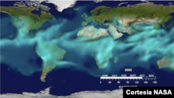 Una visualización de las mediciones del instrumento AIRS del vapor de agua atmosférico en todo el mundo durante unos meses del estudio de la gripe, que se centró en datos de 2003 a 2015. [imagen NASA/JPL].