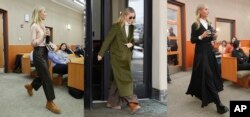 FILE - This combination of photos show actor Gwyneth Paltrow at the courthouse for her trial in Park City, Utah on March 28, 2023, from left, March 21, and on March 27. For the rich and those who aspire, logo-free fashion with outsized price tags is having a moment. Paltrow wore head-to-toe Prada, cashmere sweaters and Celine boots during her court case. (AP Photo)