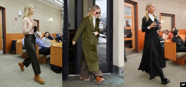 FILE - This combination of photos show actor Gwyneth Paltrow at the courthouse for her trial in Park City, Utah on March 28, 2023, from left, March 21, and on March 27. For the rich and those who aspire, logo-free fashion with outsized price tags is having a moment. Paltrow wore head-to-toe Prada, cashmere sweaters and Celine boots during her court case. (AP Photo)