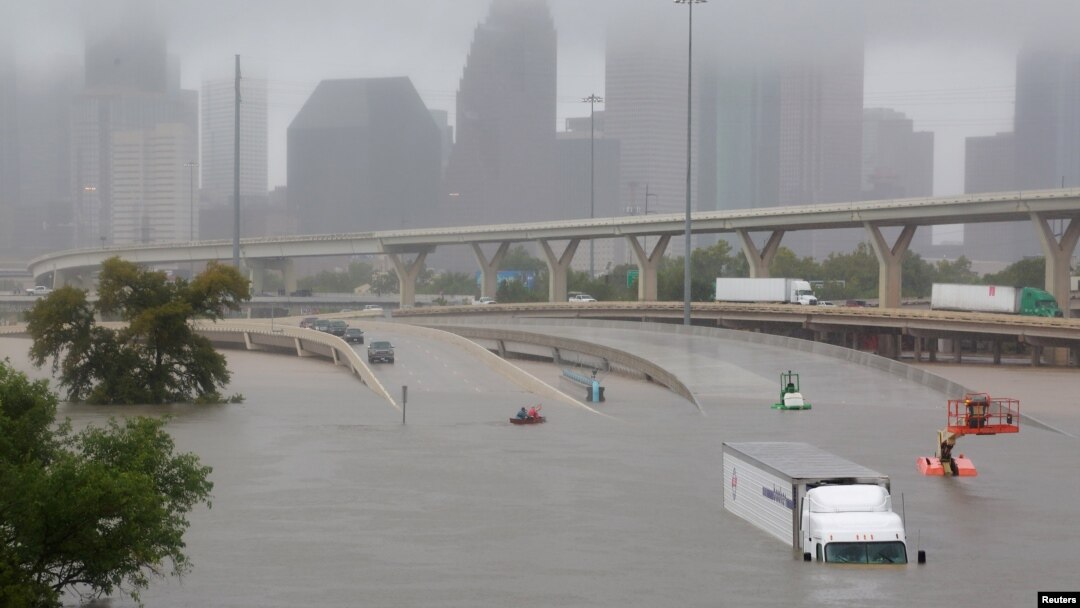 FILE - Interstate highway 45 is submerged from the effects of Hurricane Harvey seen during widespread flooding in Houston, Texas, Aug. 27, 2017.