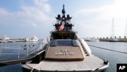 A view of the yacht Lady M, owned by Russian oligarch Alexei Mordashov, docked at Imperia's harbor, Italy, March 5, 2022. 