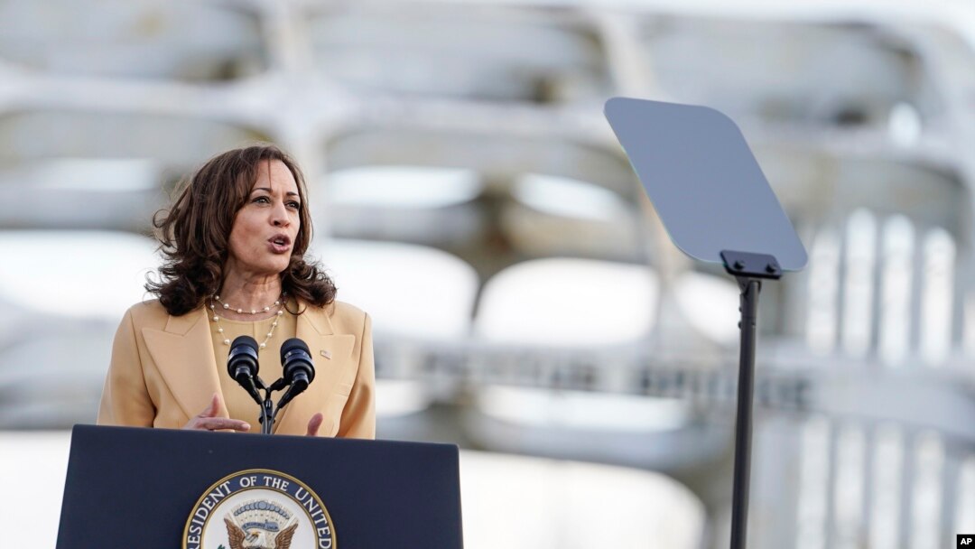 Vice President Kamala Harris speaks near the Edmund Pettus Bridge in Selma, Ala., on the anniversary of "Bloody Sunday," a landmark event of the civil rights movement, March 6, 2022.