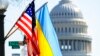 The flags of Ukraine, the United States, and the District of Columbia fly together on Pennsylvania Avenue near the Capitol, March 5, 2022, by order of the mayor of Washington. 