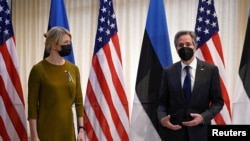 U.S. Secretary of State Antony Blinken meets with Estonian Foreign Minister Eva-Maria Liimets at the Minister of Foreign Affairs in Tallinn, Estonia March 8, 2022. (Olivier Douliery/Pool via Reuters)