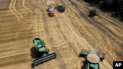 Farmers harvest with their combines in a wheat field near the village Tbilisskaya, Russia, July 21, 2021. (AP Photo/Vitaly Timkiv, File)