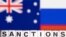 Plastic letters arranged to read "Sanctions" are placed in front the flag colors of Australia and Russia in this illustration taken Feb. 28, 2022. (Reuters/Dado Ruvic/Illustration)