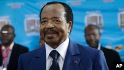 FILE - Cameroon President Paul Biya during presidential elections in Yaounde, Cameroon, Oct. 7, 2018. Biya has won all elections since Cameroon's 1990 return of multi-party politics. 