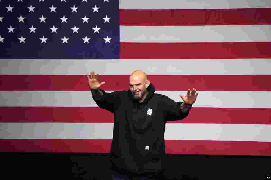 Pennsylvania Lt. Gov. John Fetterman, Democratic candidate for U.S. Senate, waves to supporters after addressing an election night party in Pittsburgh, Nov. 9, 2022.