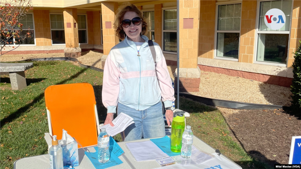 Representante del Partido Demócrata, informa a las personas que se acercan a votar en la biblioteca Bull Run, Manassas, Virginia.