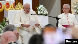 Pope Francis attends a prayer meeting at Sacred Heart Church, on the last day of his apostolic journey, in Manama, Bahrain, Nov. 6, 2022. (Vatican Media/­Handout via Reuters) 