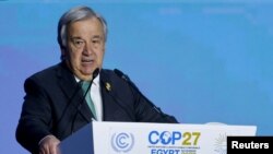 Tổng thư ký Liên Hợp Quốc Antonio Guterres phát biểu tại hội nghị thượng đỉnh biến đổi khí hậu COP27 ở Ai Cập hôm 7/11.