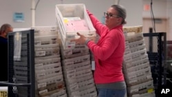An election worker delivers ballots to be tabulated inside the Maricopa County Recorders Office, Nov. 9, 2022, in Phoenix.