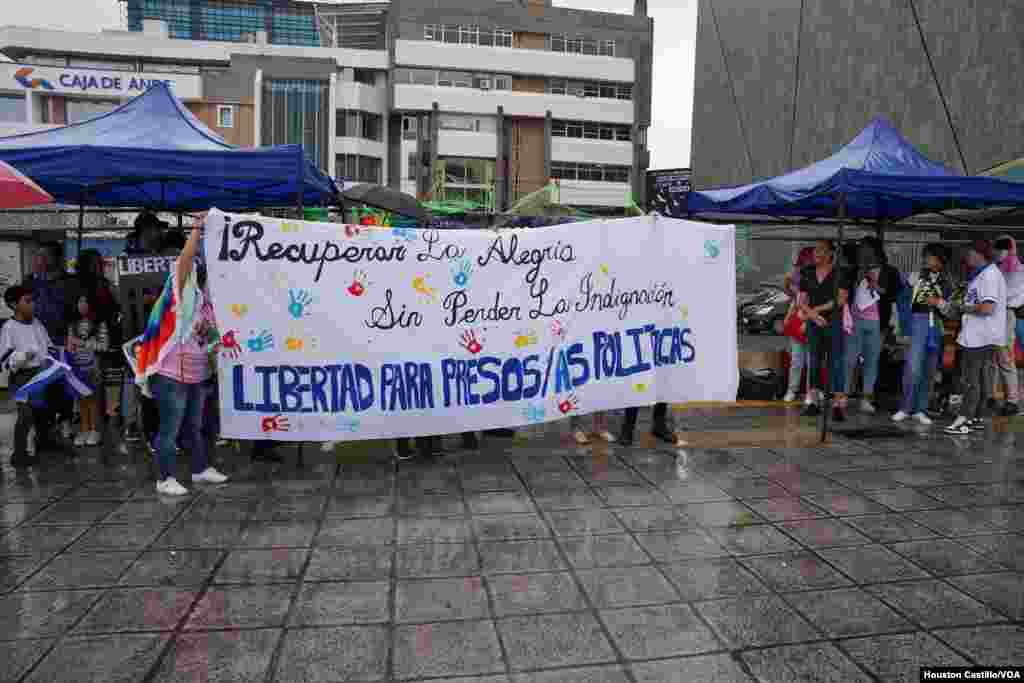 Con carteles que decían "libertad para los presos políticos", los opositores nicaragüenses exiliados en Costa Rica demandaron elecciones "libres y transparentes" este domingo 6 de noviembre. 