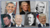 Prvi red slika: Barak Obama, Tomas Džeferson, Endrju Džonson, Drugi red slika: Džon F. Kenedi, Džo Bajden, Tedi Ruzvelt, Donald Tramp
