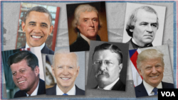 Clockwise from upper left: Barack Obama, Thomas Jefferson, Andrew Johnson, Donald Trump, Teddy Roosevelt, Joe Biden, John F. Kennedy. 