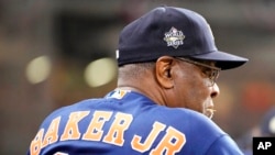 Houston Astros manager Dusty Baker Jr. watches play during the first inning in Game 6 of baseball's World Series between the Houston Astros and the Philadelphia Phillies on Nov. 5, 2022, in Houston.