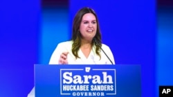 Arkansas Gov.-elect Sarah Huckabee Sanders speaks during her election night party Nov. 8, 2022, in Little Rock, Ark.