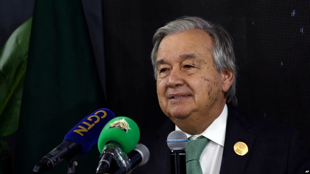 U.N. Secretary-General Antonio Guterres gives a press conference with Prime Minister of Pakistan Muhammad Shehbaz Sharifat the 2022 United Nations climate conference, COP27, in the Red Sea resort of Sharm el-Sheikh, South Sinai, Egypt, Nov. 7, 2022.