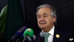 U.N. Secretary-General Antonio Guterres gives a press conference with Prime Minister of Pakistan Muhammad Shehbaz Sharifat the 2022 United Nations climate conference, COP27, in the Red Sea resort of Sharm el-Sheikh, South Sinai, Egypt, Nov. 7, 2022.