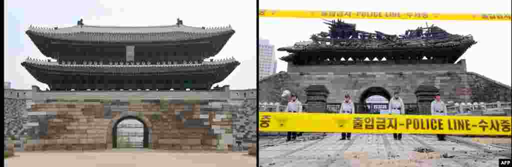 Right: South Korean police stand guard in front of the debris of the Namdaemun gate following a fire in central Seoul on February 11, 2008. Left: The newly-restored Namdaemun gate during a press preview in Seoul on April 29, 2013. 