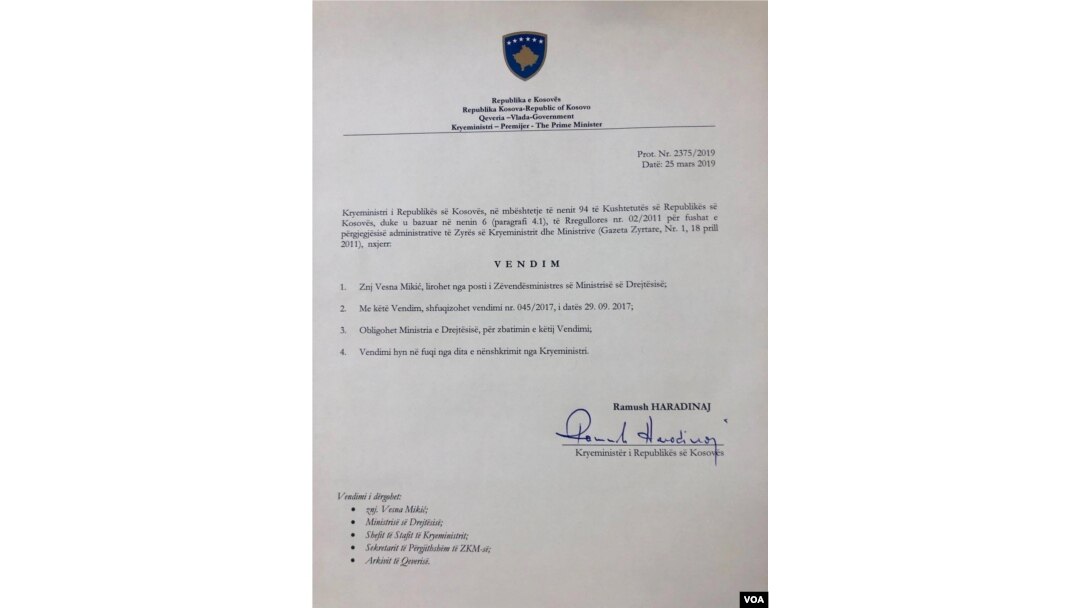Rešenje o smeni Vesne Mikić, koje je potpisao premijer Ramuš Haradinaj