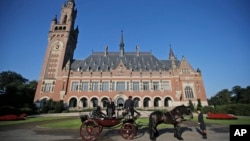 In this Aug. 28, 2013 file photo, a horse-drawn carriage stands in front of the Peace Palace, seat of the International Court of Justice (ICJ) in The Hague, Netherlands.