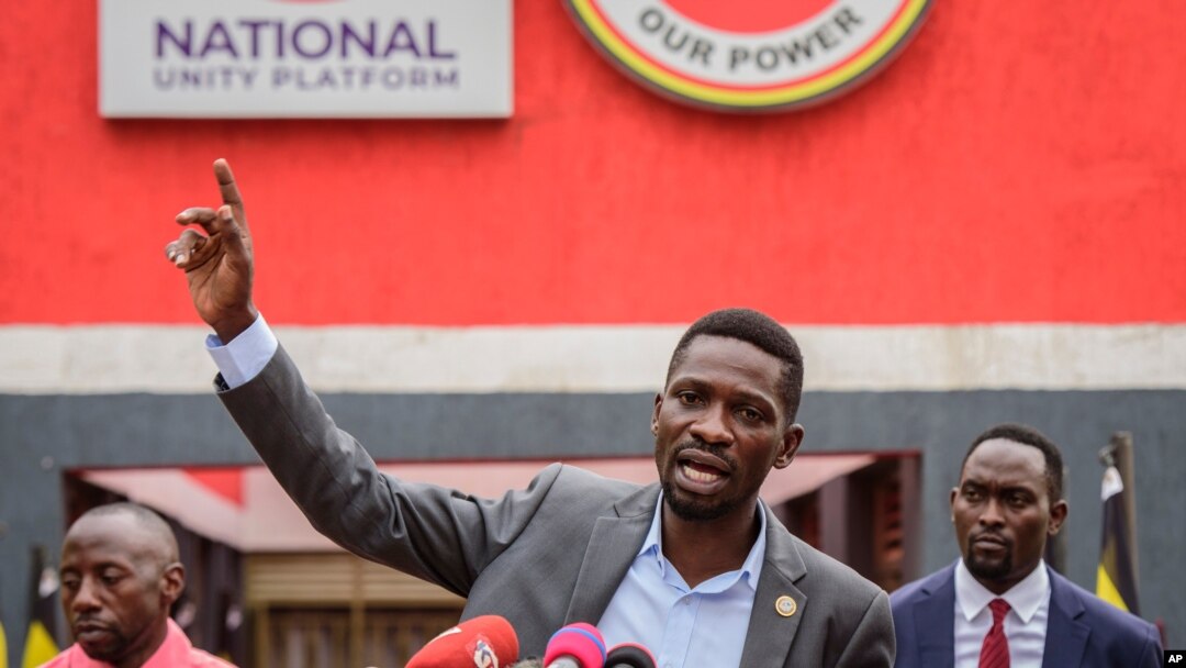 Ugandan opposition figure Bobi Wine, whose real name is Kyagulanyi Ssentamu, speaks at a press conference in Kampala, Feb. 22, 2021.