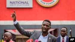 Ugandan opposition figure Bobi Wine, whose real name is Kyagulanyi Ssentamu, speaks at a press conference in Kampala, Feb. 22, 2021.