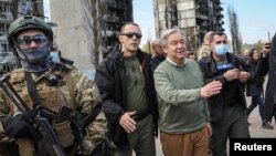 UN Secretary-General Antonio Guterres visits the town of Borodianka, as Russia's attack on Ukraine continues, outside of Kyiv, Apr. 28, 2022.