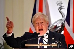 Britain's Prime Minister Boris Johnson speaks at Hyderabad House in New Delhi, April 22, 2022.