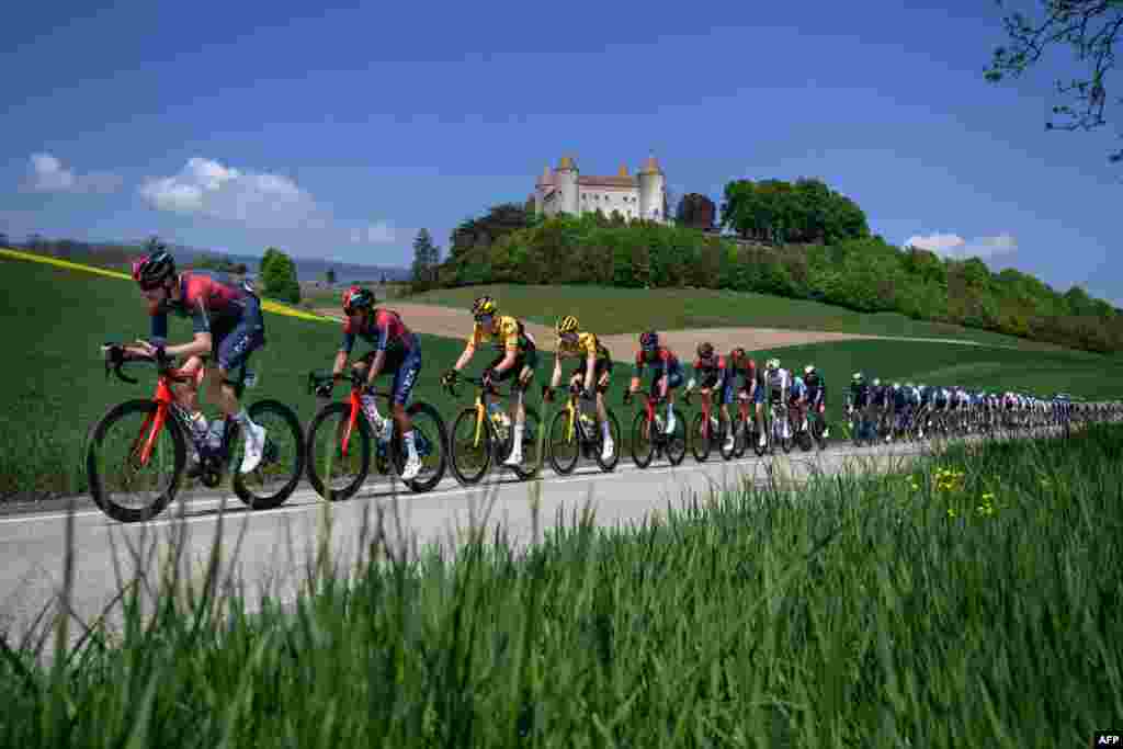 The pack rides past the Champvent Castle during the first stage of the Tour de Romandie UCI World Tour cycling race, 178km from La Grande Beroche to Romont, in Champvent, western Switzerland.