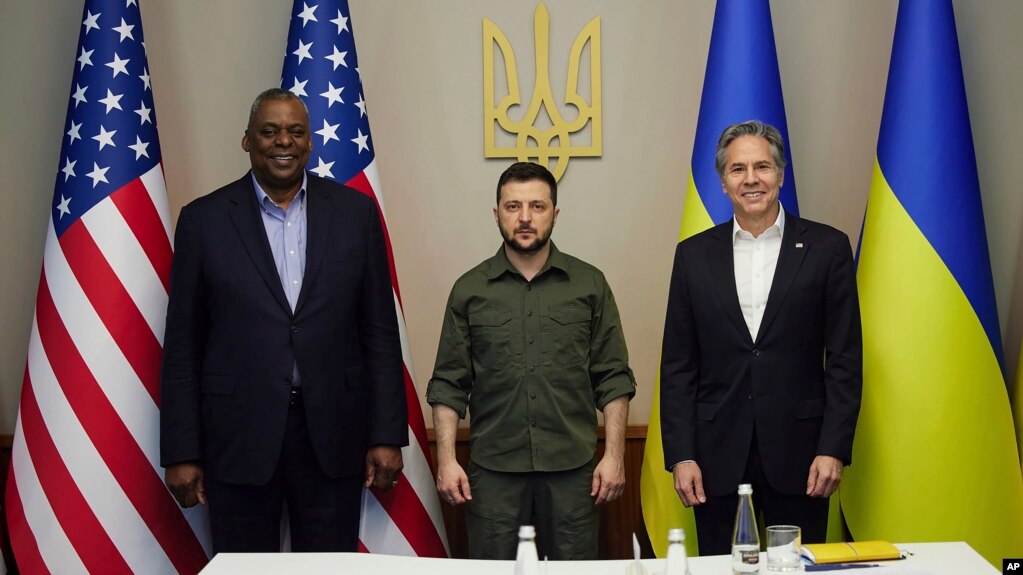 In this image from video provided by the Ukrainian Presidential Press Office and posted on Facebook, on Monday, April 25, 2022, from left; U.S. Secretary of Defense Lloyd Austin, Ukrainian President Volodymyr Zelenskyy and U.S. Secretary of State Antony Blinken.