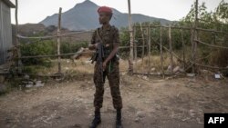 FILE - A soldier from the Ethiopian National Defense Force patrols in Kombolcha, Ethiopia, Dec. 10, 2021.