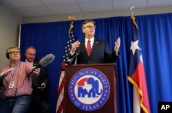 FILE - Texas Lt. Gov. Dan Patrick holds a news conference at the Republican Party of Texas Headquarters, Monday, Jan. 9, 2017, in Austin, Texas. (AP Photo/Eric Gay)