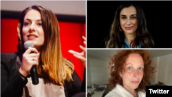 En el sentido de las manecillas del reloj: las periodistas españolas Raquel Godos, Lorena Arroyo y Cristina García Casado. Fotos de un tuit de La Casa Encendida.