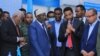 Somalia's newly elected upper house parliament speaker Adan Mohamed Nur, center, is seen after being elected at the airport complex in Mogadishu on April 28, 2022. 