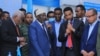 Somalia's newly elected upper house parliament speaker Adan Mohamed Nur, center, is seen after being elected at the airport complex in Mogadishu on April 28, 2022. 