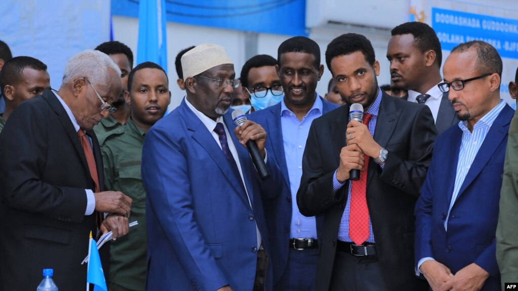 Somalia's newly elected upper house parliament speaker Adan Nuur Madobe, center, is seen after being elected at the airport complex in Mogadishu on April 28, 2022. 