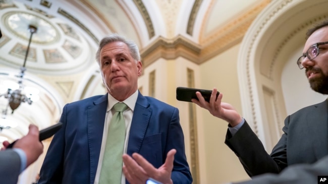 House Minority Leader Kevin McCarthy, R-Calif., talks to reporters at the Capitol in Washington, April 6, 2022.