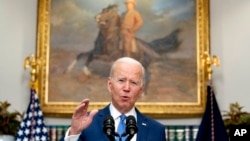 US President Joe Biden speaks about the war in Ukraine in the Roosevelt Room at the White House, April 28, 2022, in Washington.