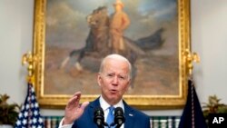 US President Joe Biden speaks about the war in Ukraine in the Roosevelt Room at the White House, April 28, 2022, in Washington.