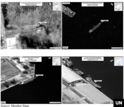 ‘선와드’호와 선박간 환적을 한 북한 유조선들이 북한 항구에 유류를 하역하는 장면이 담긴 위성사진. 왼쪽 위부터 시계방향으로 안산1호와 은흥호, 신평2호, 삼종2호. 출처=전문가패널 보고서.