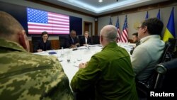 U.S. Secretary of State Antony Blinken and U.S. Defense Secretary Lloyd Austin attend a meeting with Ukraine's President Volodymyr Zelenskyy, as Russia's attack on Ukraine continues, in Kyiv, Ukraine April 24, 2022.