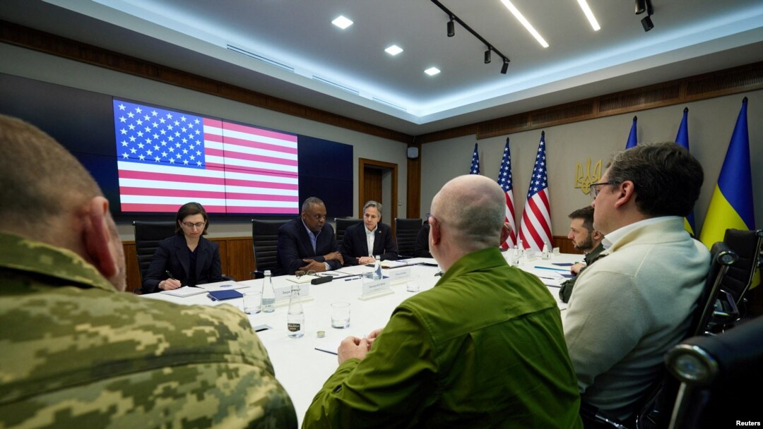 U.S. Secretary of State Antony Blinken and U.S. Defense Secretary Lloyd Austin attend a meeting with Ukraine's President Volodymyr Zelenskyy, as Russia's attack on Ukraine continues, in Kyiv, Ukraine April 24, 2022.